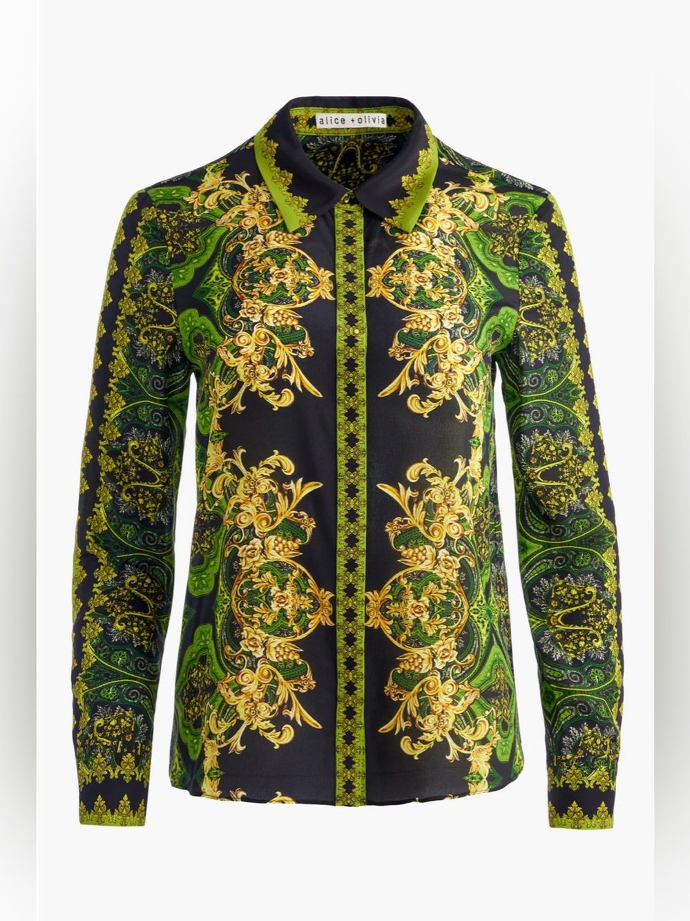NWOT Alice + Olivia Willa Baroque-print Placket Silk Top In Nero. Size M